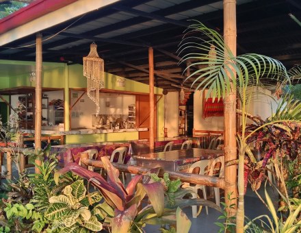 Sunset over the beachside dining area