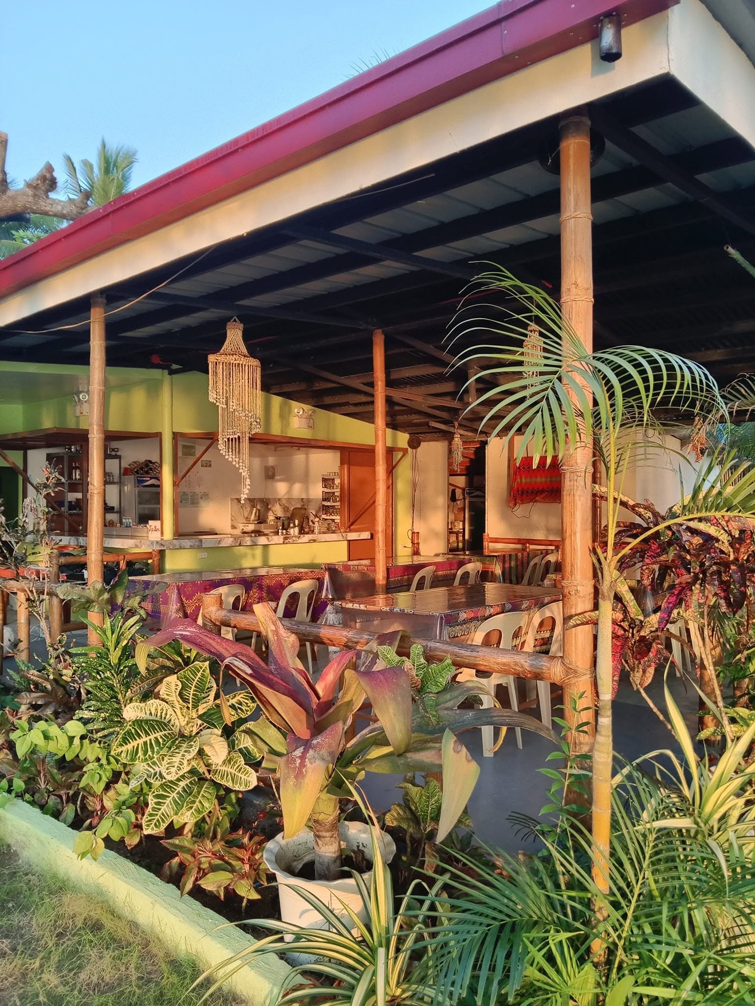 Sunset over the beachside dining area